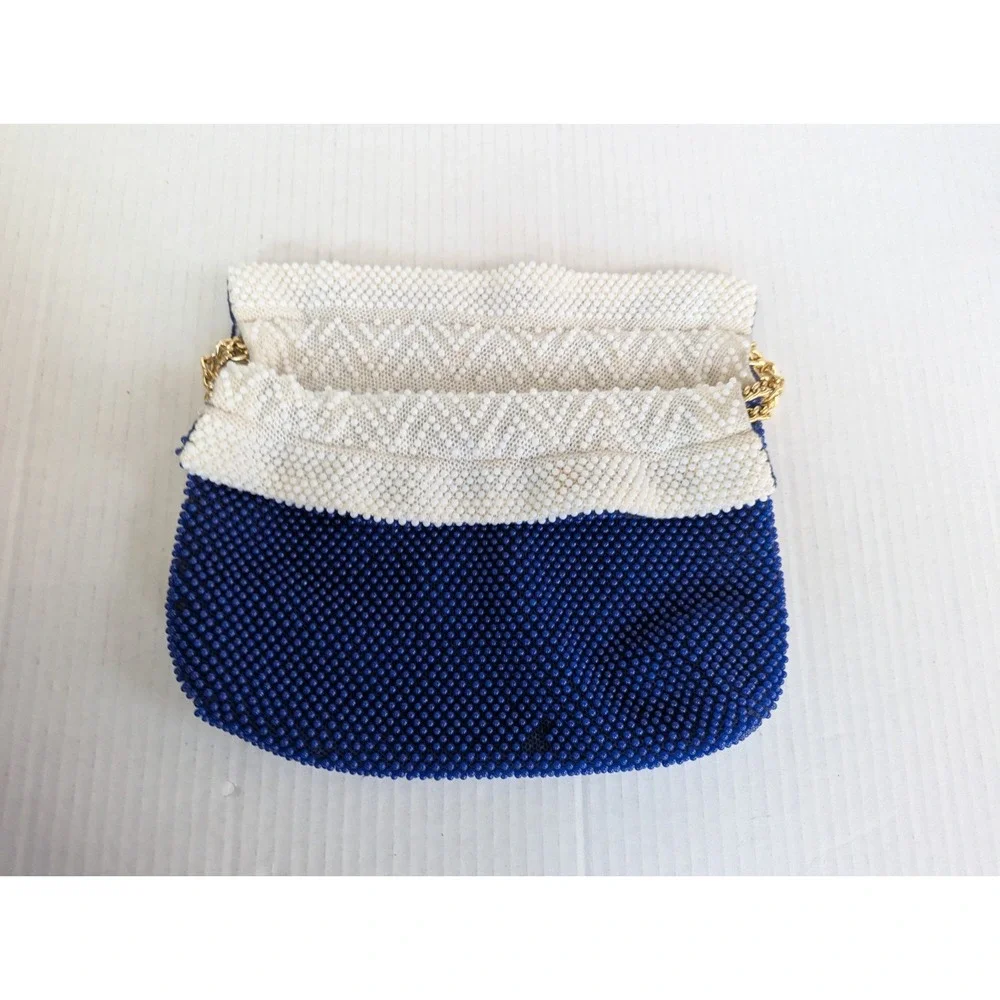 Vintage Reversible Beaded Blue & White Retro Hippie Bag Purse Drawstring Cinch